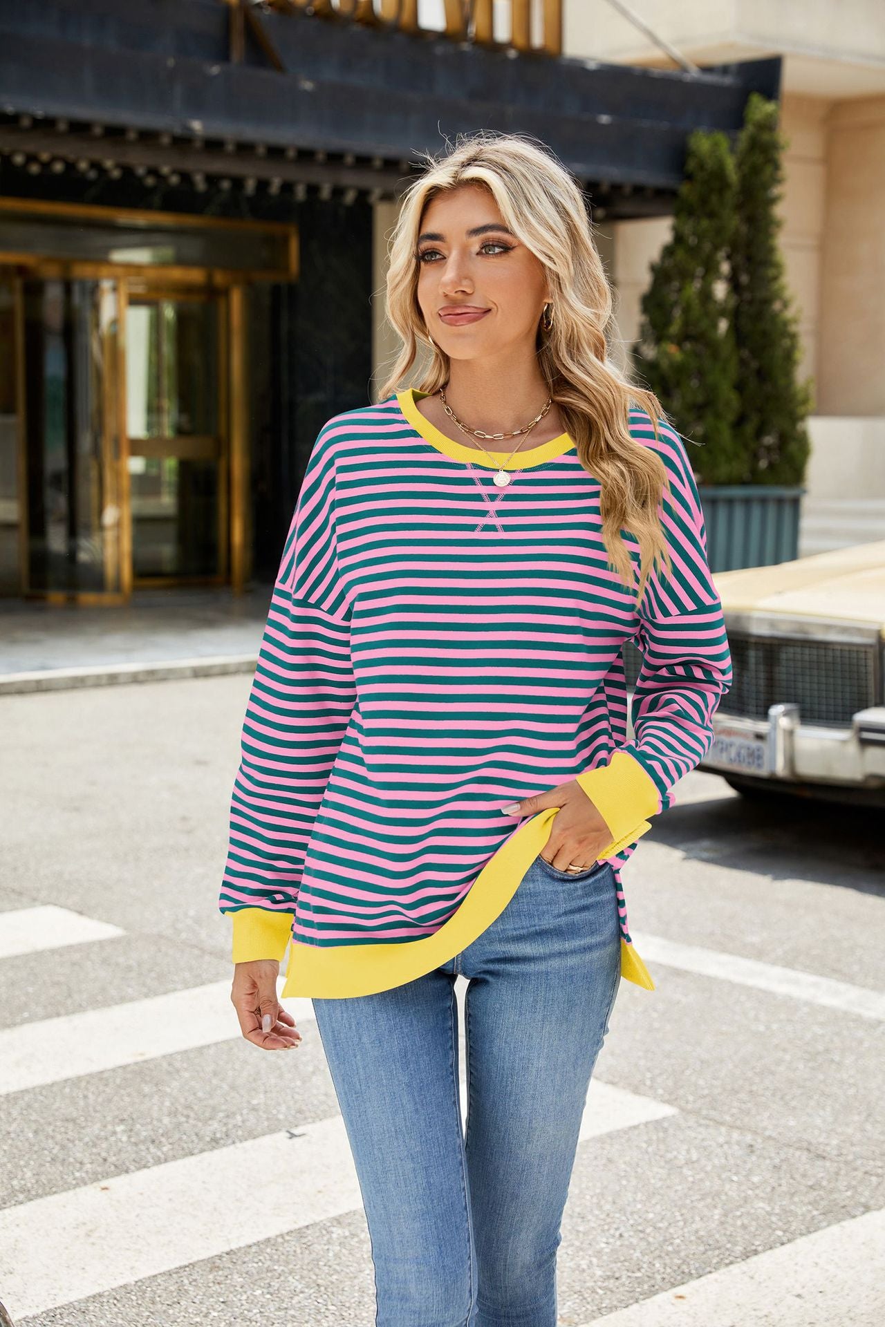 Striped Color-Block Slit Long-Sleeve Top - Multi-Color Casual Women's T-Shirt