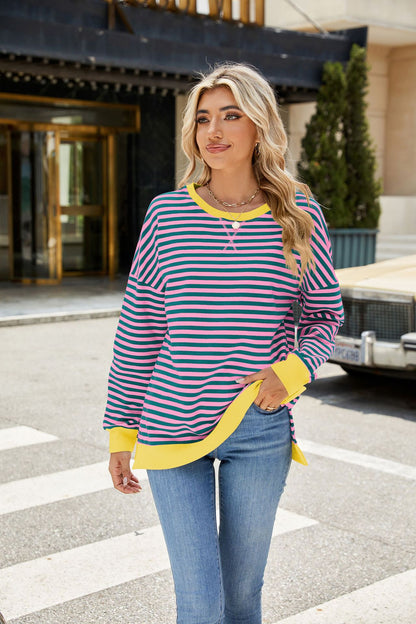 Striped Color-Block Slit Long-Sleeve Top - Multi-Color Casual Women's T-Shirt