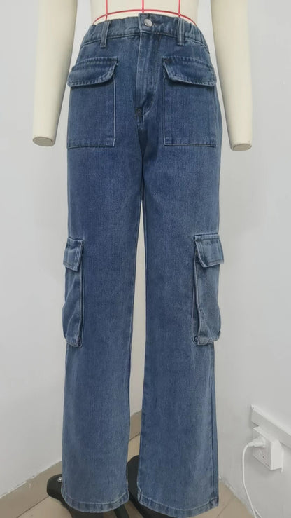 Multi - Pocket Cargo Denim Pant - Loose Straight Women's Trousers