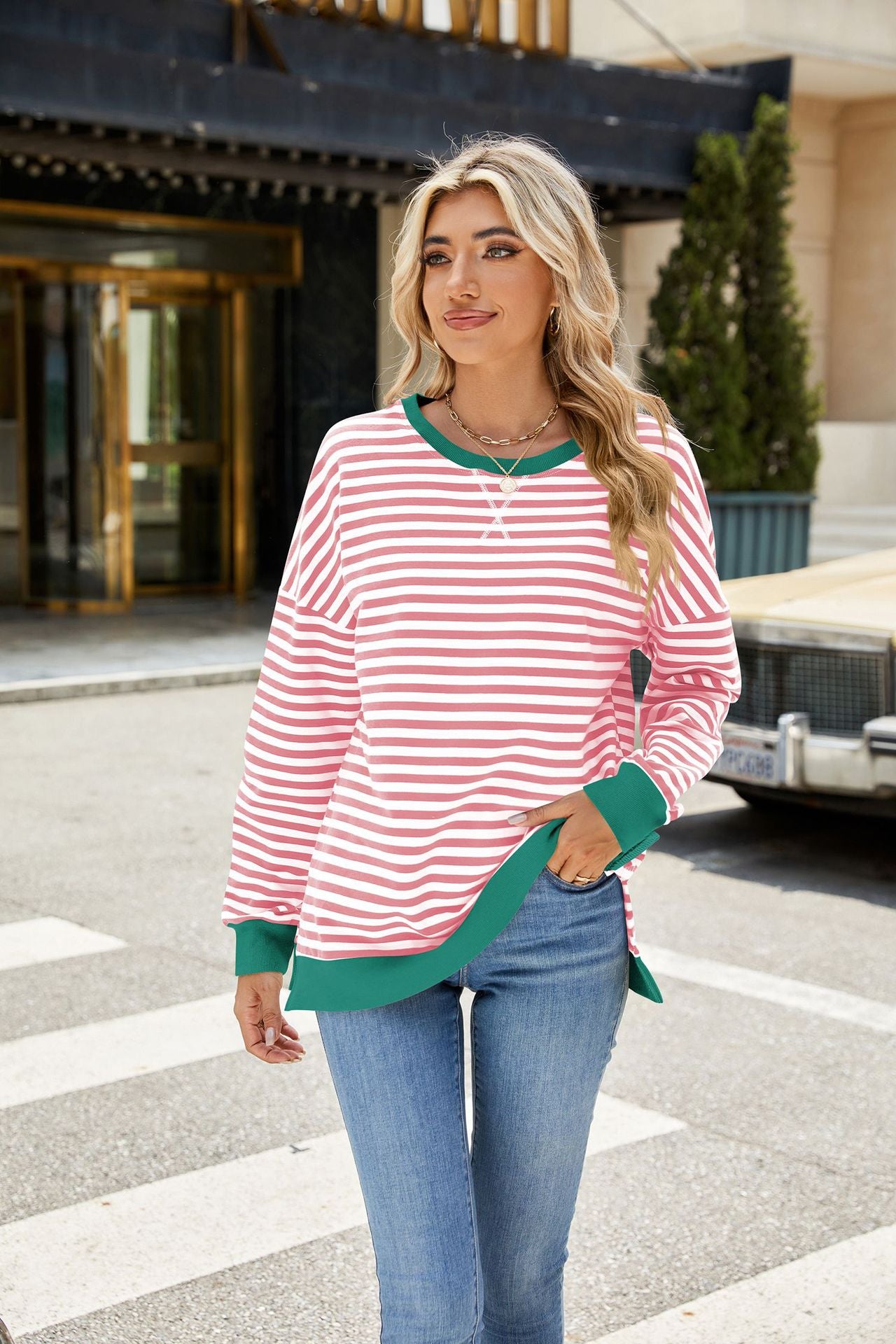 Striped Color-Block Slit Long-Sleeve Top - Multi-Color Casual Women's T-Shirt