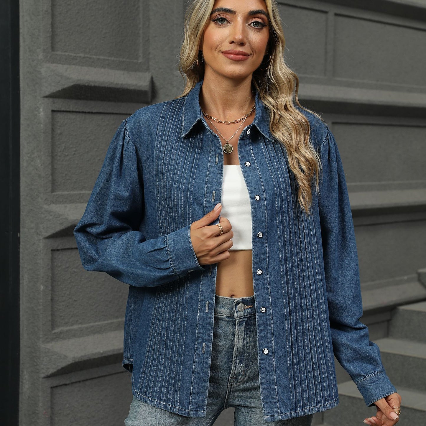 Vintage Pleated Denim Shirt - Women's Loose Long-Sleeve Outerwear