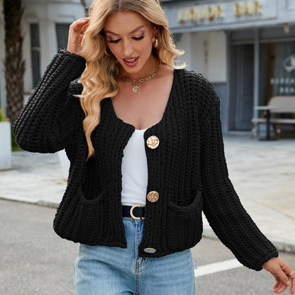 Chunky Knit Cardigan - Short Women's Knitwear with Gold Buttons