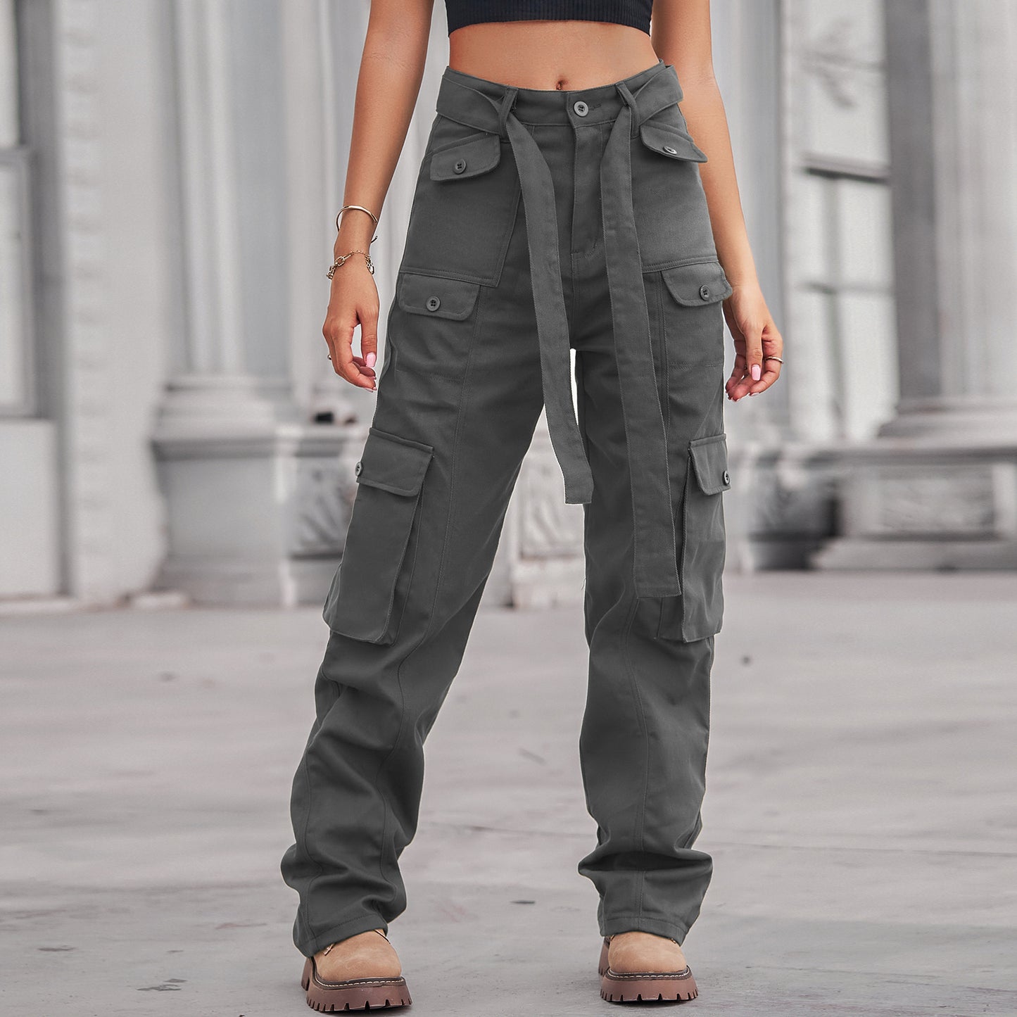 Belted Multi-Pocket Cargo Pant - Women's Loose Straight-Leg Trousers