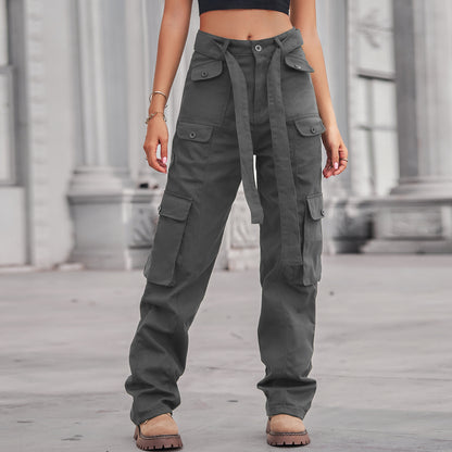 Belted Multi-Pocket Cargo Pant - Women's Loose Straight-Leg Trousers