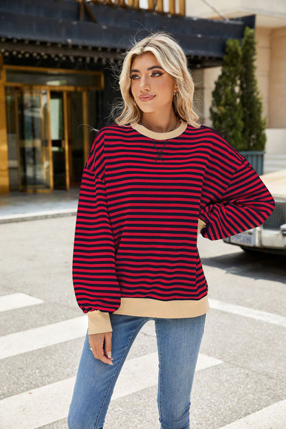 Striped Color-Block Long-Sleeve Top - Multi-Color Casual Women's T-Shirt