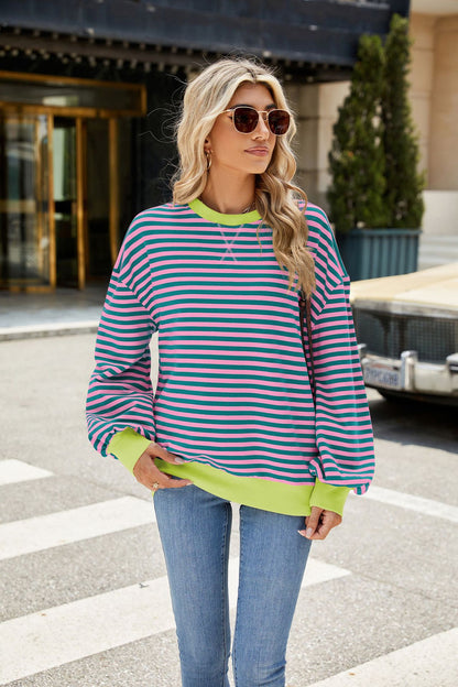 Striped Color-Block Long-Sleeve Top - Multi-Color Casual Women's T-Shirt