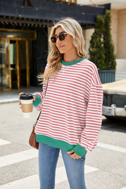Striped Color-Block Long-Sleeve Top - Multi-Color Casual Women's T-Shirt