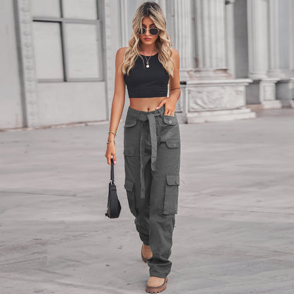 Belted Multi-Pocket Cargo Pant - Women's Loose Straight-Leg Trousers