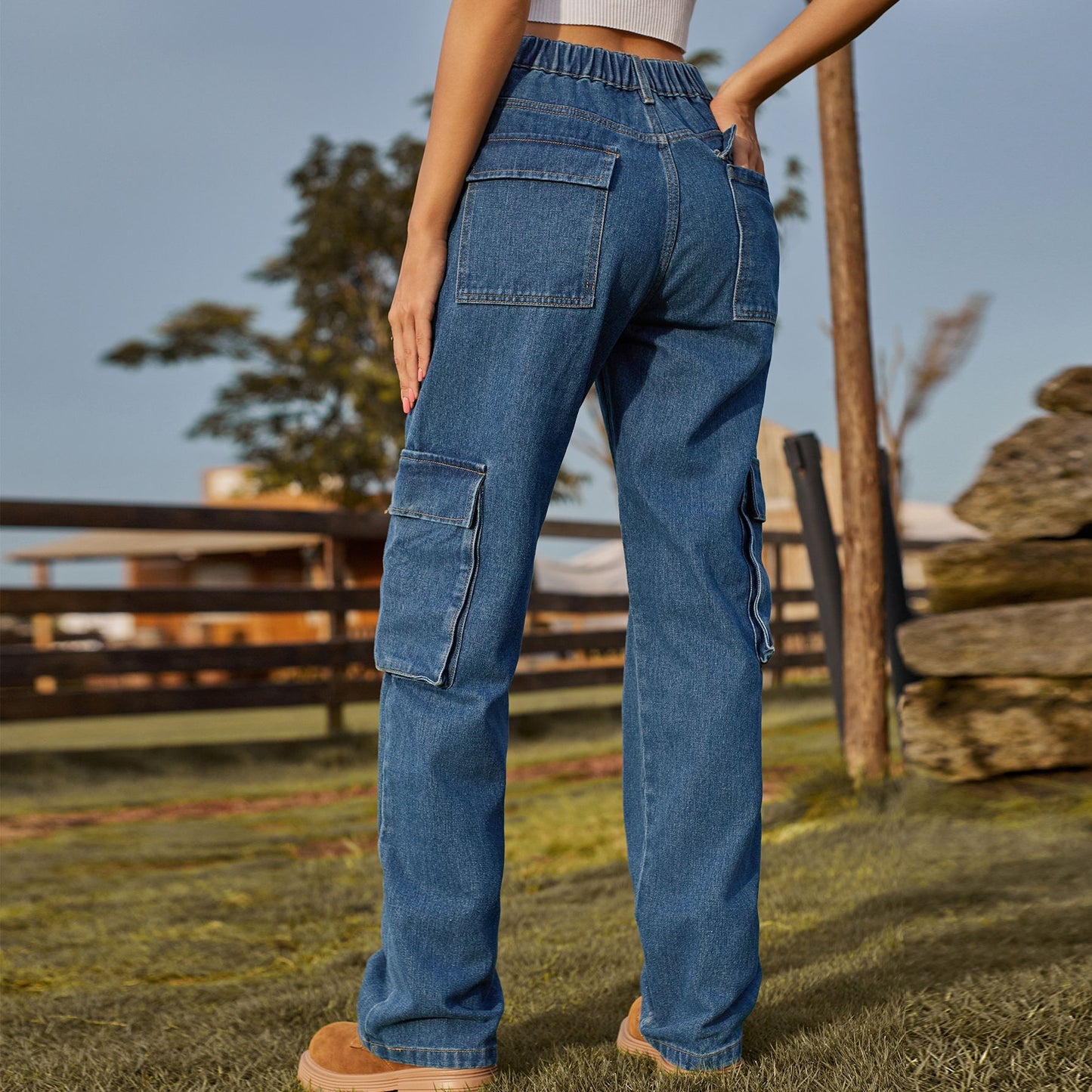 Multi - Pocket Cargo Denim Pant - Loose Straight Women's Trousers