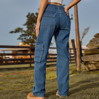 Multi - Pocket Cargo Denim Pant - Loose Straight Women's Trousers