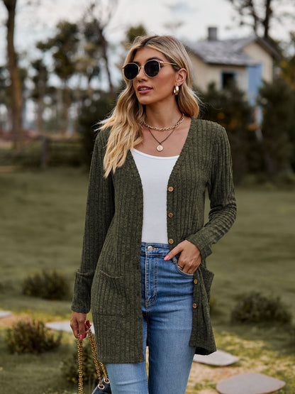 Rib - Knit Cardigan - Multi - Color Long Women's Knitwear