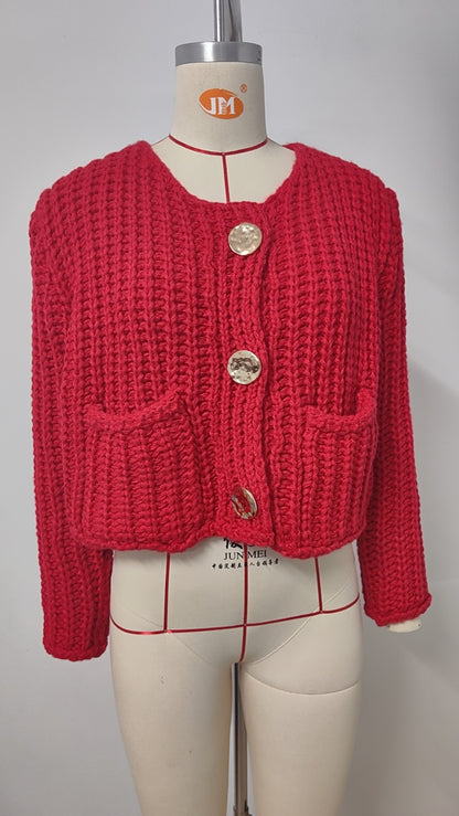 Chunky Knit Cardigan - Short Women's Knitwear with Gold Buttons