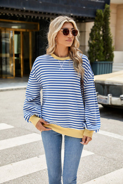 Striped Color-Block Long-Sleeve Top - Multi-Color Casual Women's T-Shirt