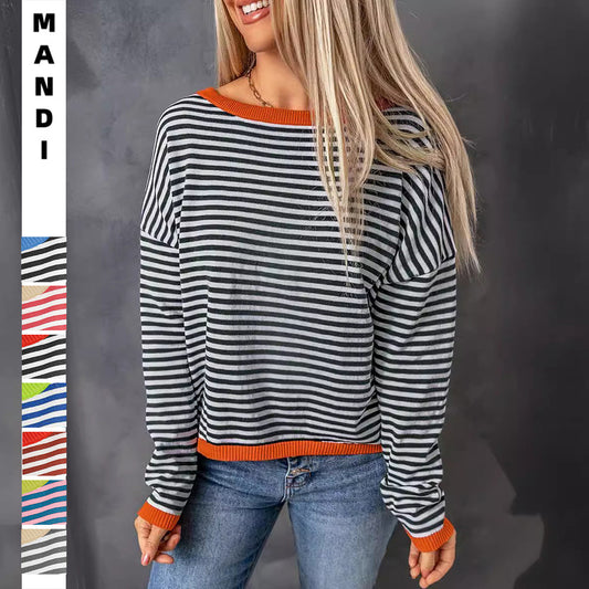 Pinstriped Color-Block Top - Multi-Color Loose-Fit Women's T-Shirt