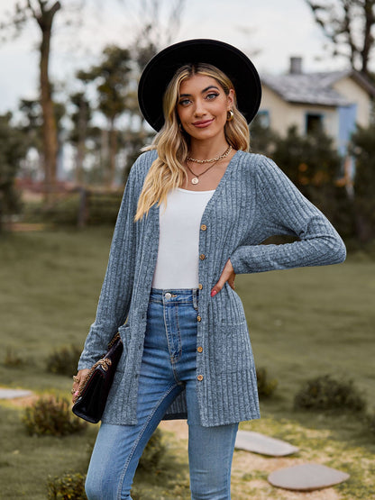 Rib - Knit Cardigan - Multi - Color Long Women's Knitwear