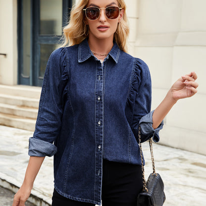 Puff-Sleeve Denim Shirt - Women's Vintage Long-Sleeve Outerwear