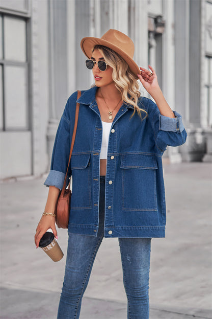 Square-Pocket Cargo Denim Jacket - Loose Women's Outerwear