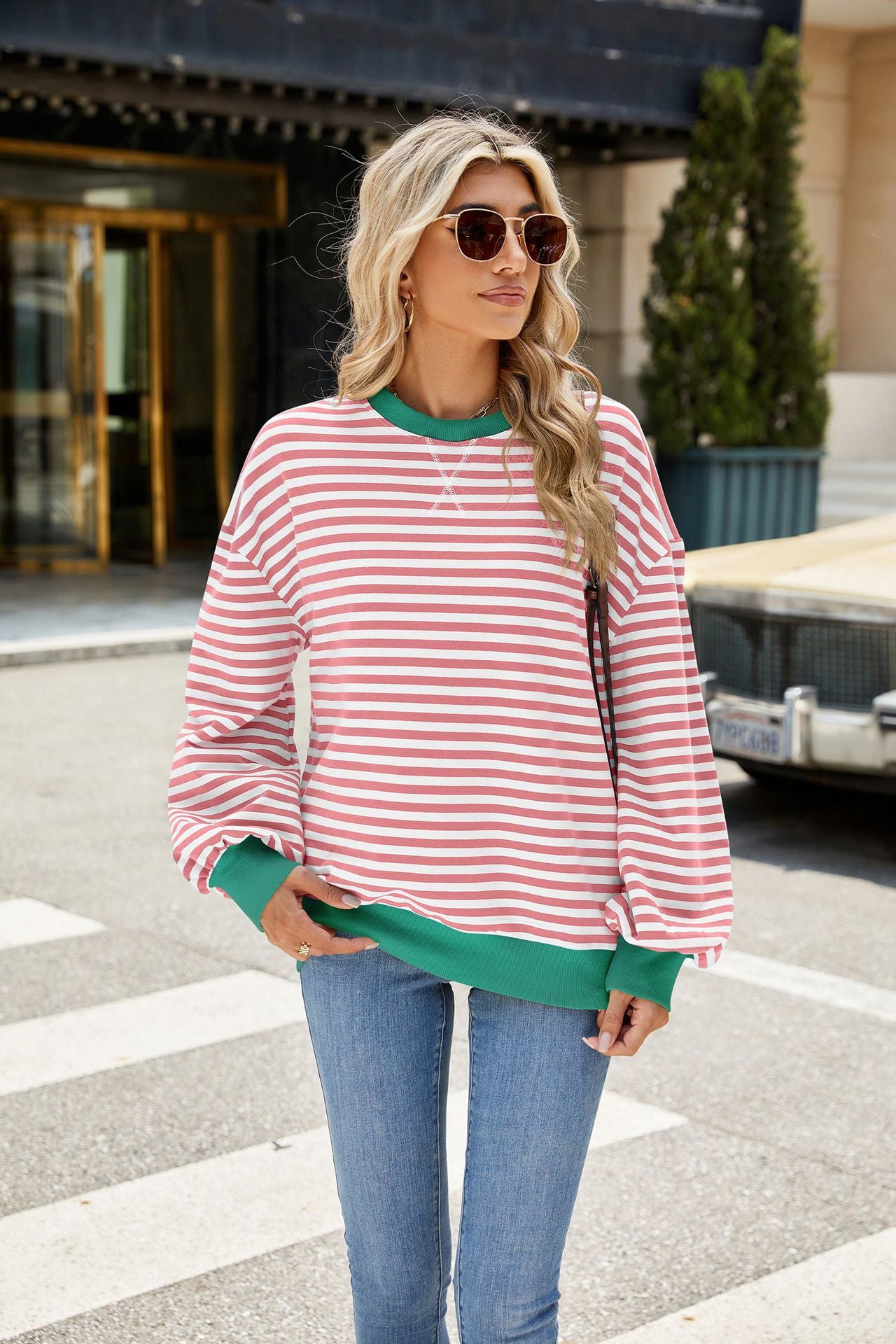 Striped Color-Block Long-Sleeve Top - Multi-Color Casual Women's T-Shirt