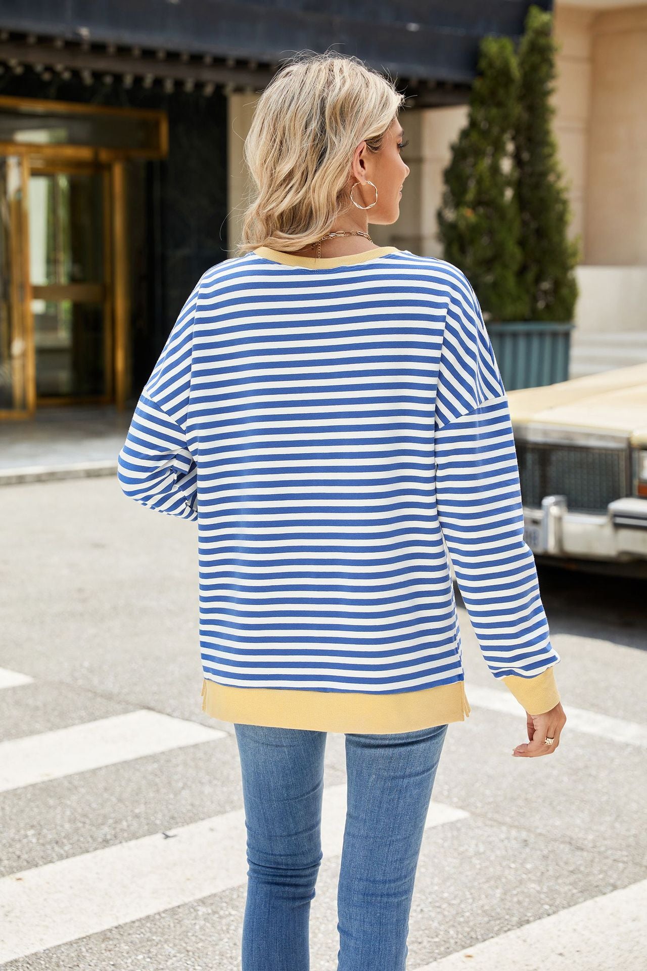 Striped Color-Block Slit Long-Sleeve Top - Multi-Color Casual Women's T-Shirt