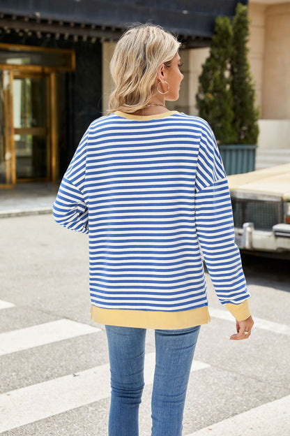 Striped Color-Block Slit Long-Sleeve Top - Multi-Color Casual Women's T-Shirt