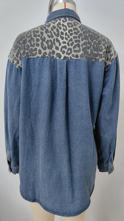 Leopard Print Patchwork Denim Shirt - Loose-Fit Women's Outerwear