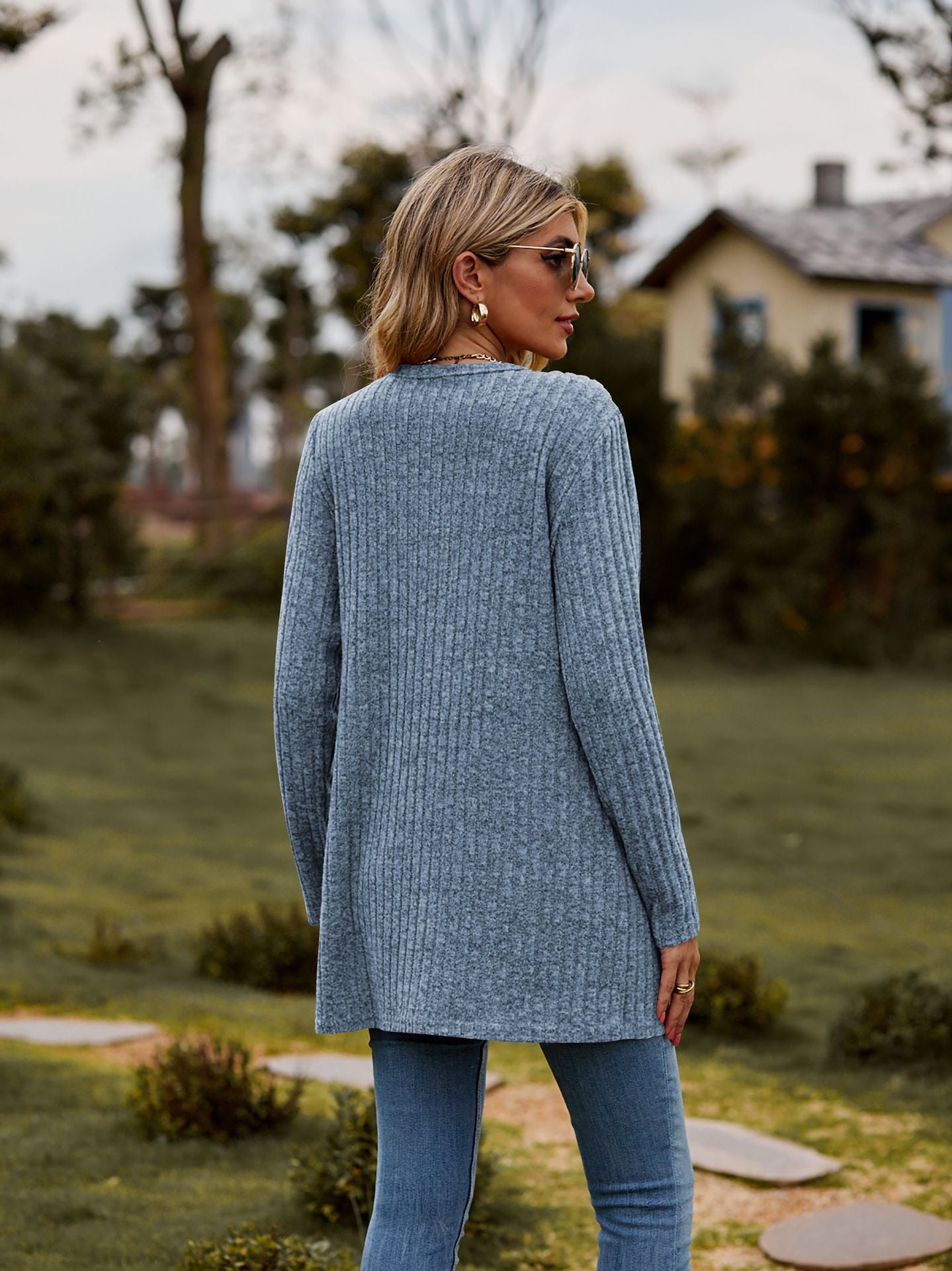 Rib - Knit Cardigan - Multi - Color Long Women's Knitwear