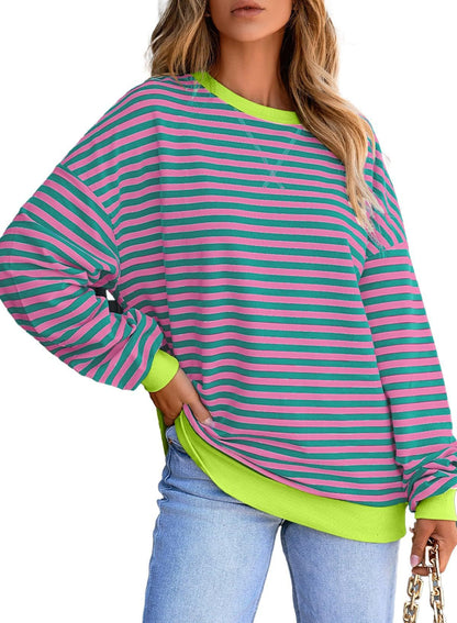 Striped Color-Block Sweatshirt - Multi-Color Loose-Fit Women's T - Shirt