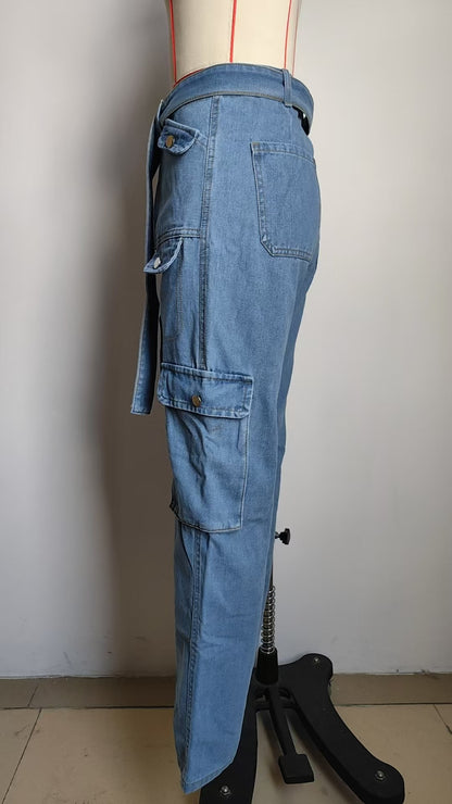 Belted Multi-Pocket Cargo Pant - Women's Loose Straight-Leg Trousers