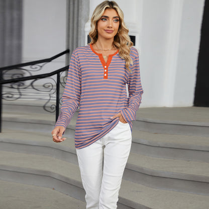 Striped Color-Block V-Neck Long-Sleeve Top - Multi-Color Button Women's T-Shirt