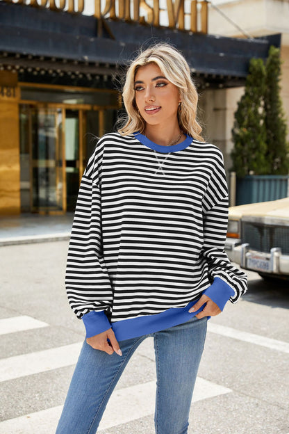 Striped Color-Block Long-Sleeve Top - Multi-Color Casual Women's T-Shirt