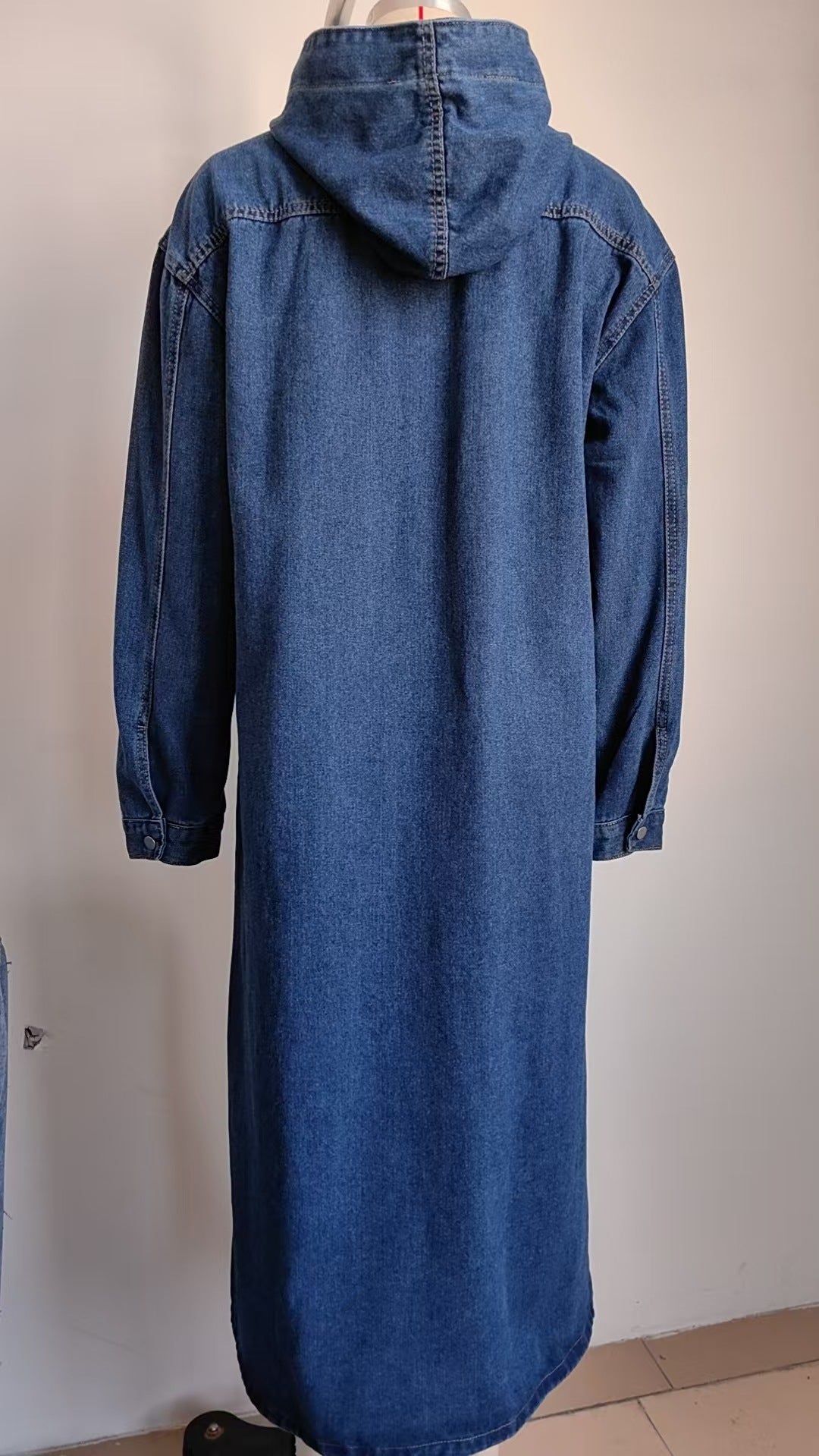 Hooded Long Denim Outerwear - Women's Trench-Style Jacket