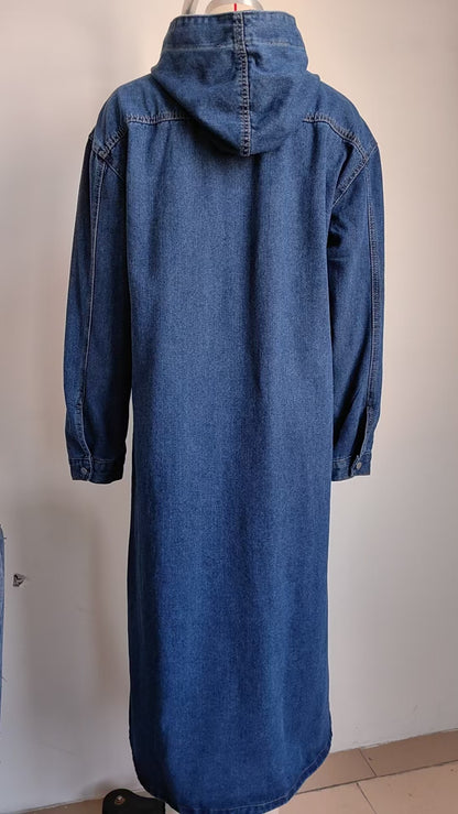 Hooded Long Denim Outerwear - Women's Trench-Style Jacket