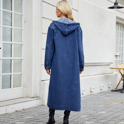 Hooded Long Denim Outerwear - Women's Trench-Style Jacket
