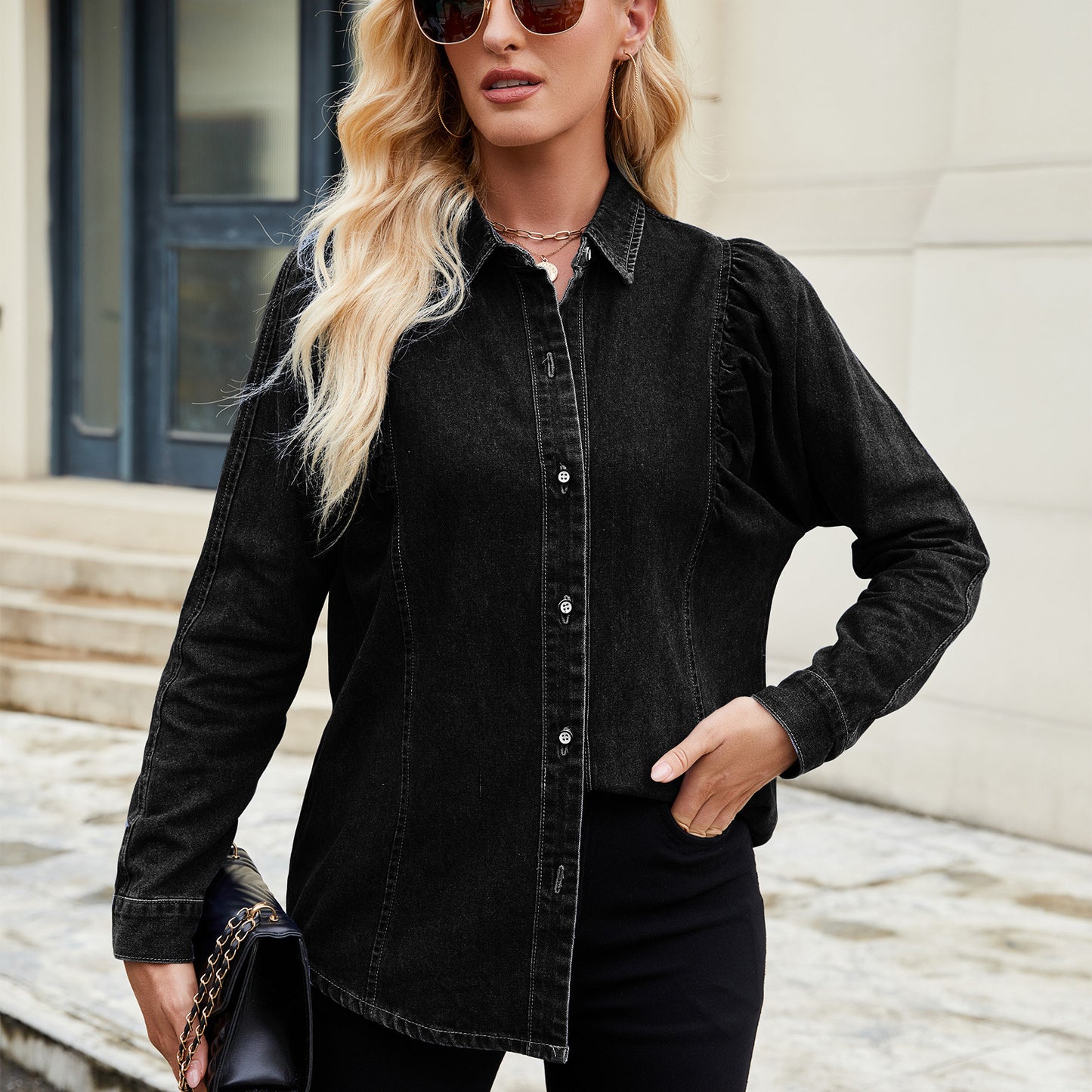 Puff-Sleeve Denim Shirt - Women's Vintage Long-Sleeve Outerwear