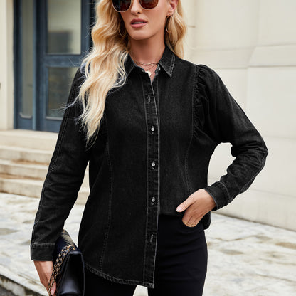 Puff-Sleeve Denim Shirt - Women's Vintage Long-Sleeve Outerwear