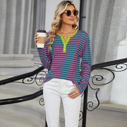 Striped Color-Block V-Neck Long-Sleeve Top - Multi-Color Button Women's T-Shirt