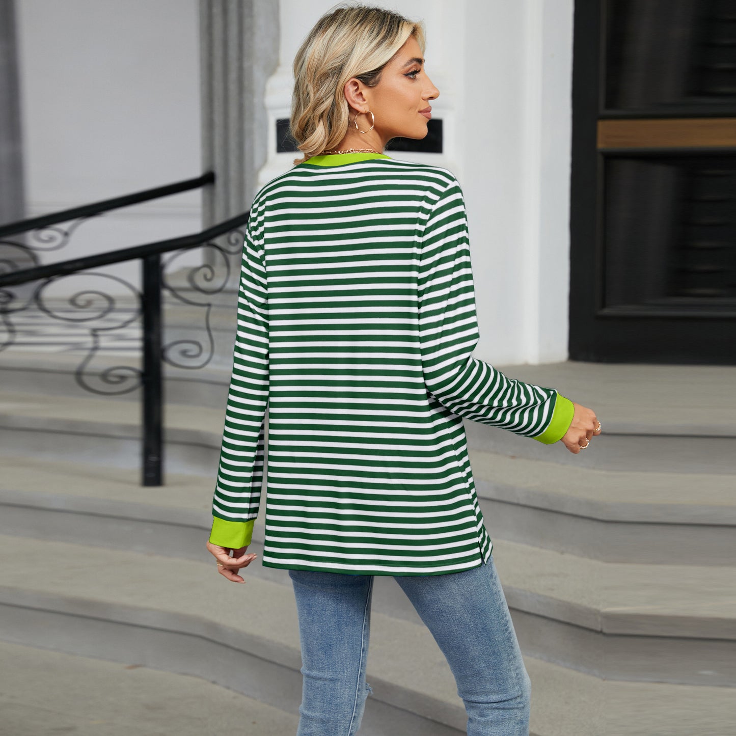 Striped Color-Block Pocket Long-Sleeve Top - Multi-Color Casual Women's T-Shirt