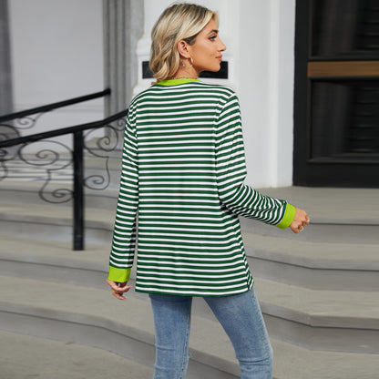 Striped Color-Block Pocket Long-Sleeve Top - Multi-Color Casual Women's T-Shirt