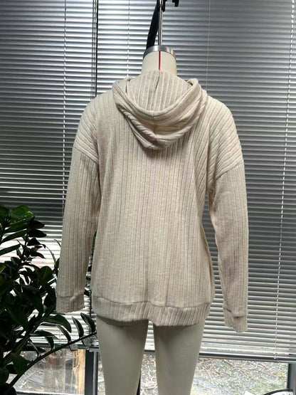Rib - Knit Hoodie - Multi - Color Casual Women's Top（Sweatshirt）