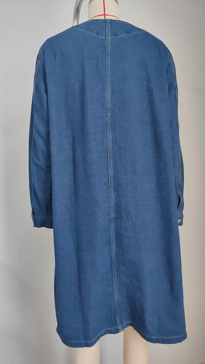 Dark Blue Long Denim Jacket - Women's V-Neck Cardigan Style Outerwear