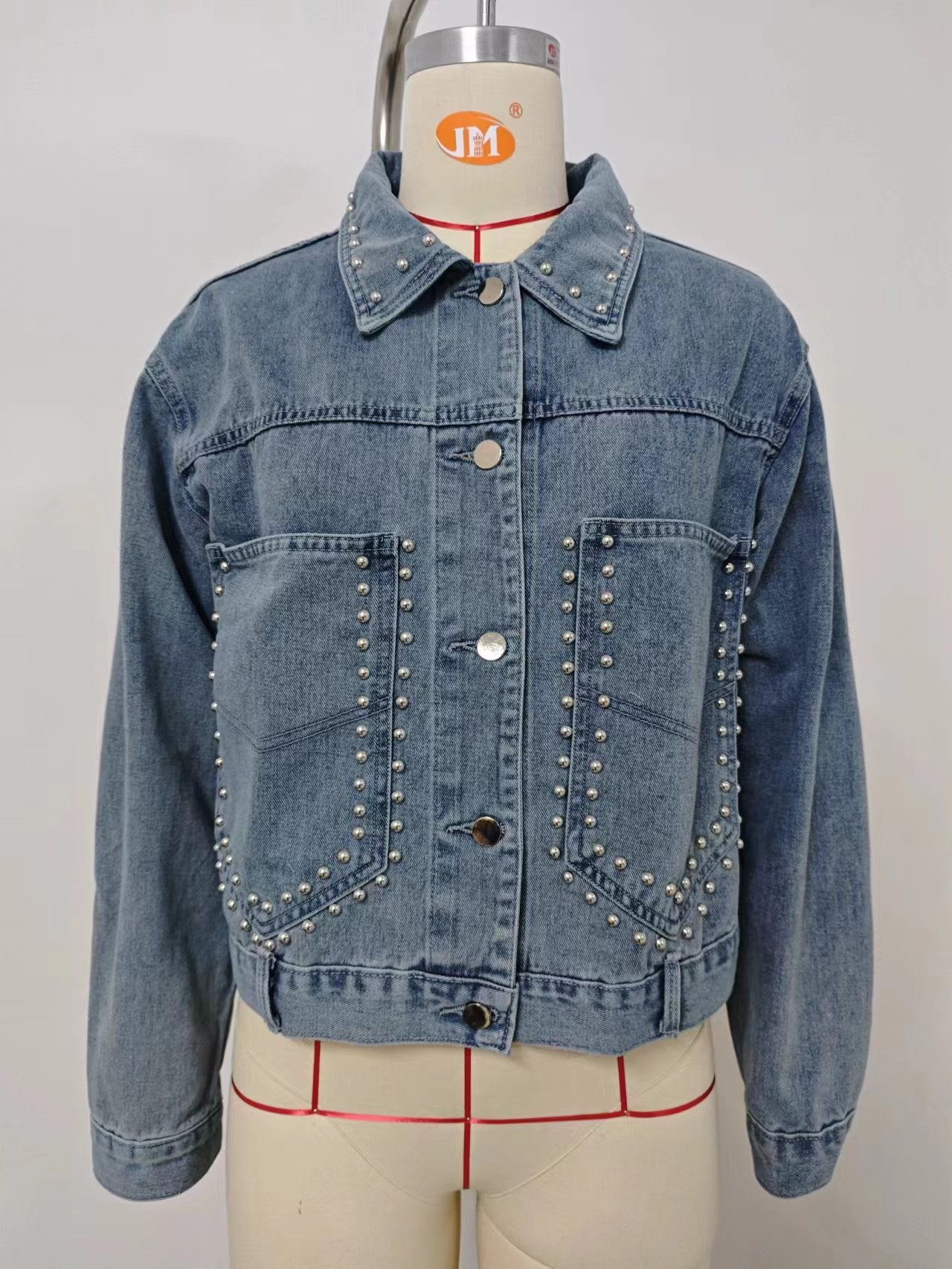 Rivet-Embellished Denim Jacket - Blue Personality Women's Outerwear