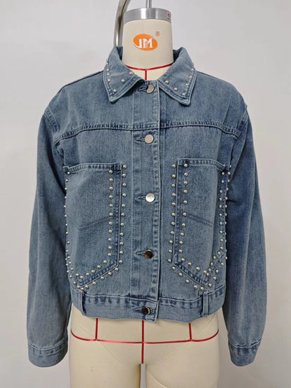 Rivet-Embellished Denim Jacket - Blue Personality Women's Outerwear