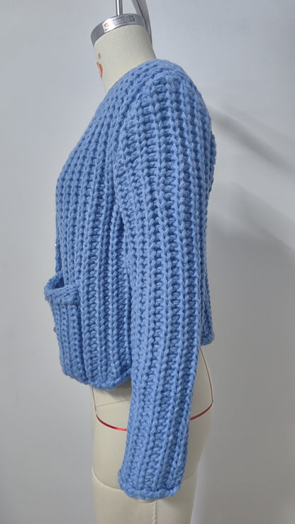 Chunky Knit Cardigan - Short Women's Knitwear with Gold Buttons