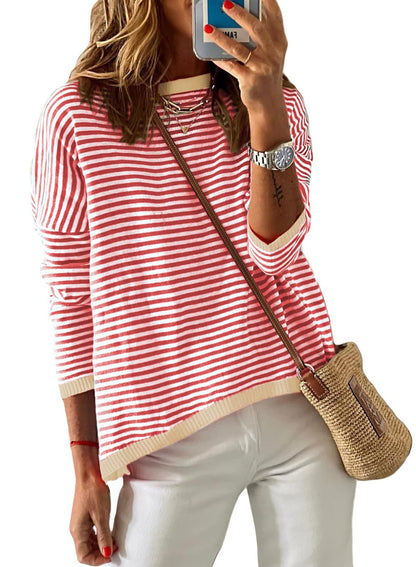 Pinstriped Color-Block Top - Multi-Color Loose-Fit Women's T-Shirt