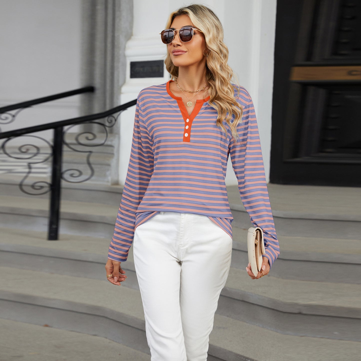 Striped Color-Block V-Neck Long-Sleeve Top - Multi-Color Button Women's T-Shirt