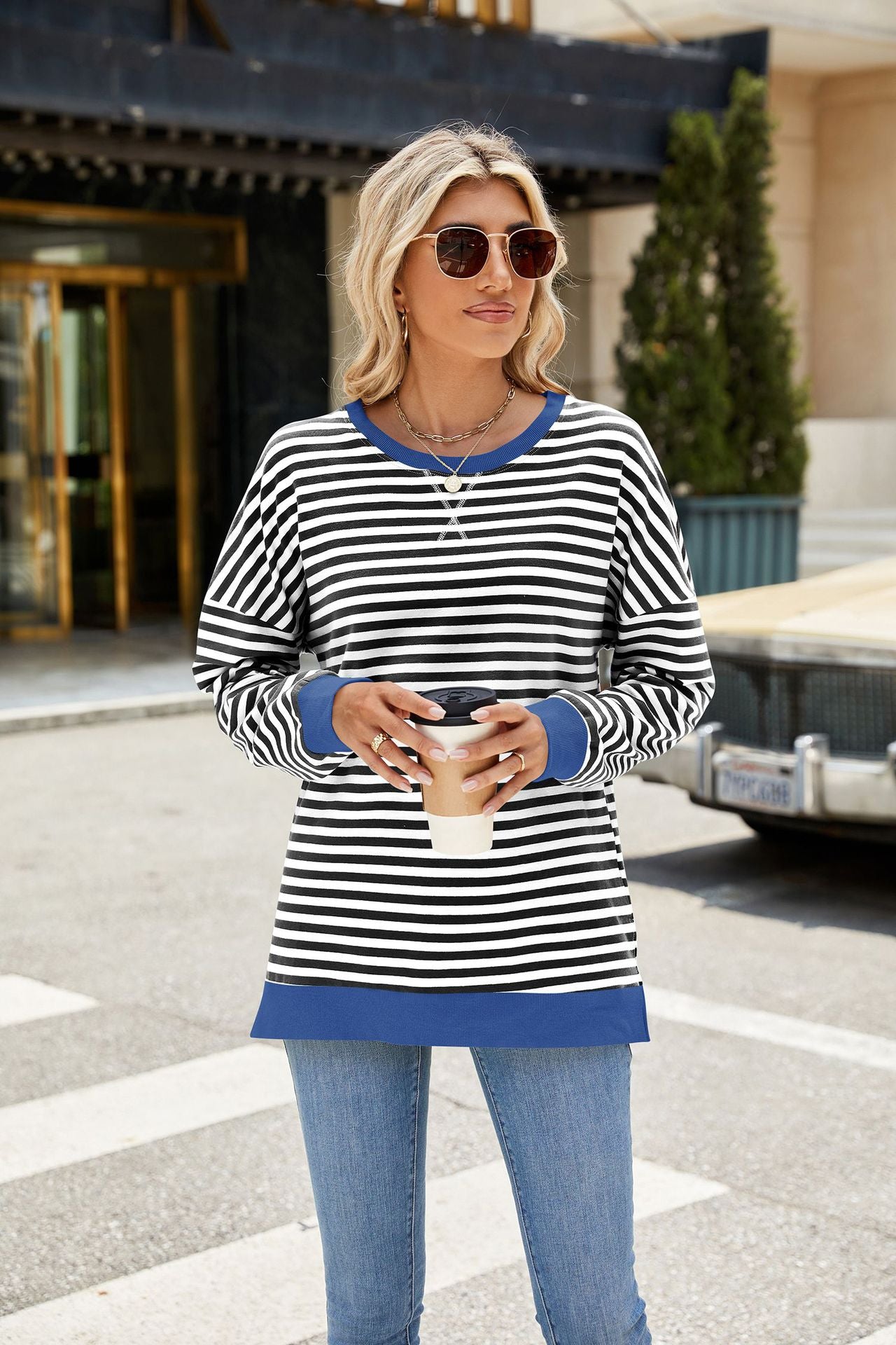 Striped Color-Block Slit Long-Sleeve Top - Multi-Color Casual Women's T-Shirt