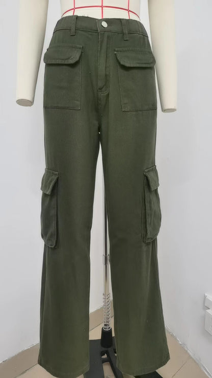 Multi - Pocket Cargo Denim Pant - Loose Straight Women's Trousers