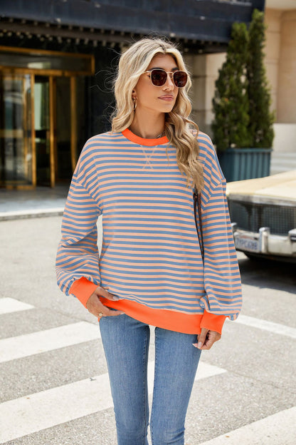 Striped Color-Block Long-Sleeve Top - Multi-Color Casual Women's T-Shirt