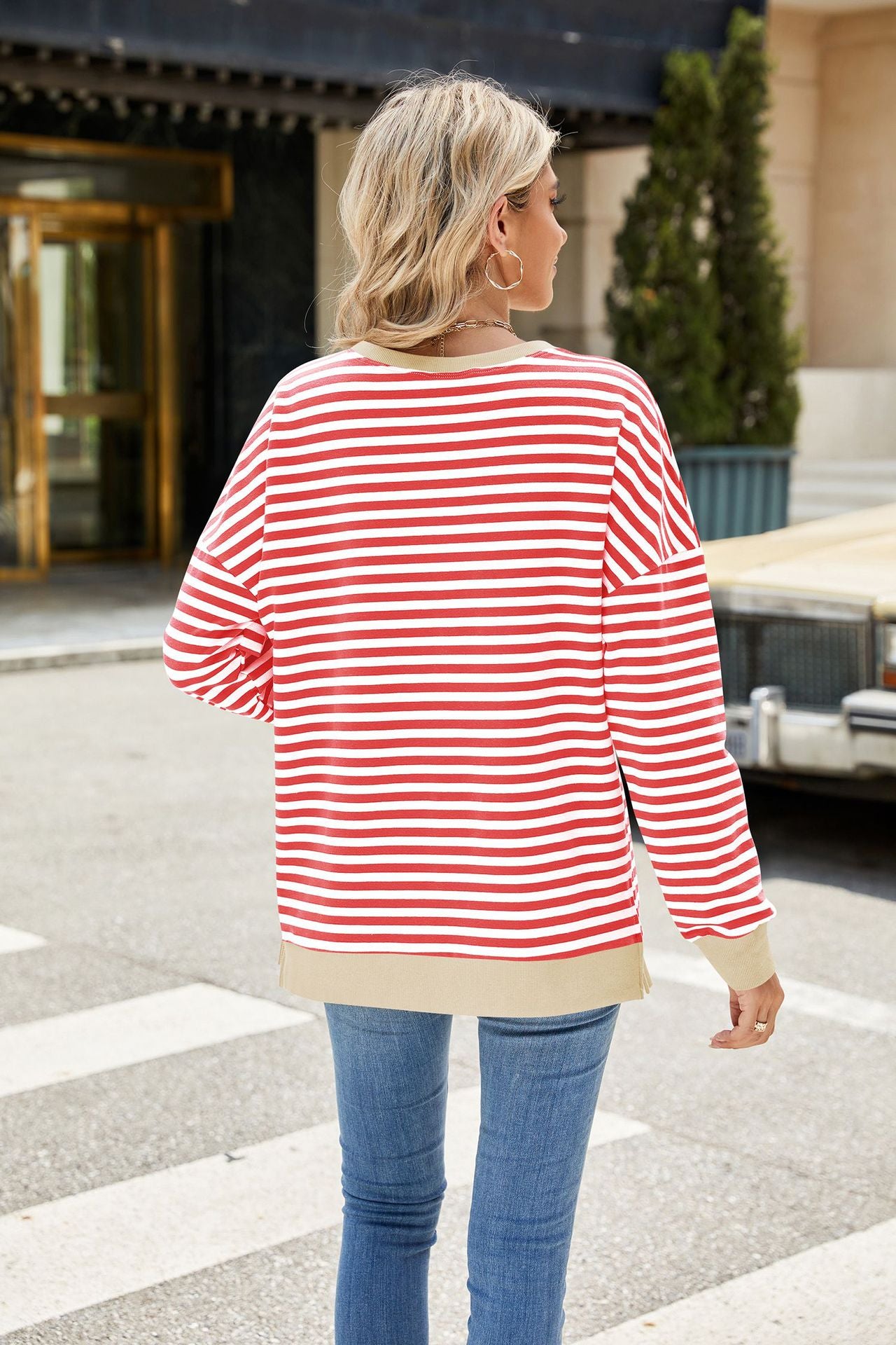 Striped Color-Block Slit Long-Sleeve Top - Multi-Color Casual Women's T-Shirt