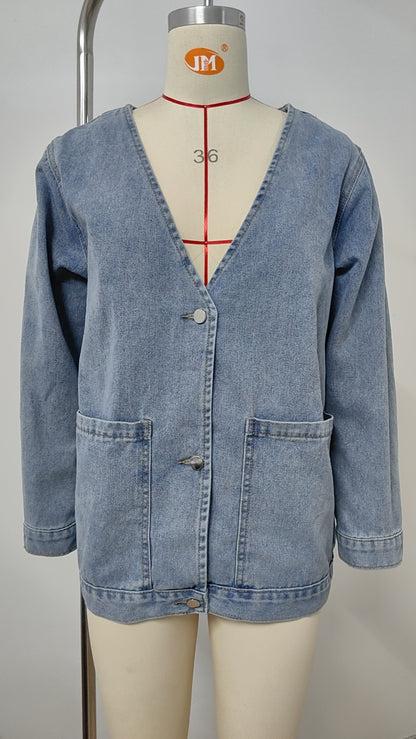 Denim Blazer - Multi-Color Buttonless Women's Outerwear